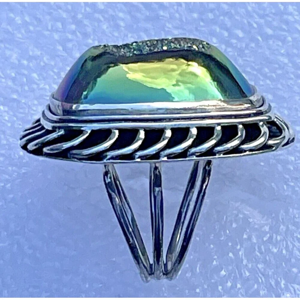 Gem Essence Peacock PJC Drusy Quartz Ring Sterling Silver Braiding  Size 6